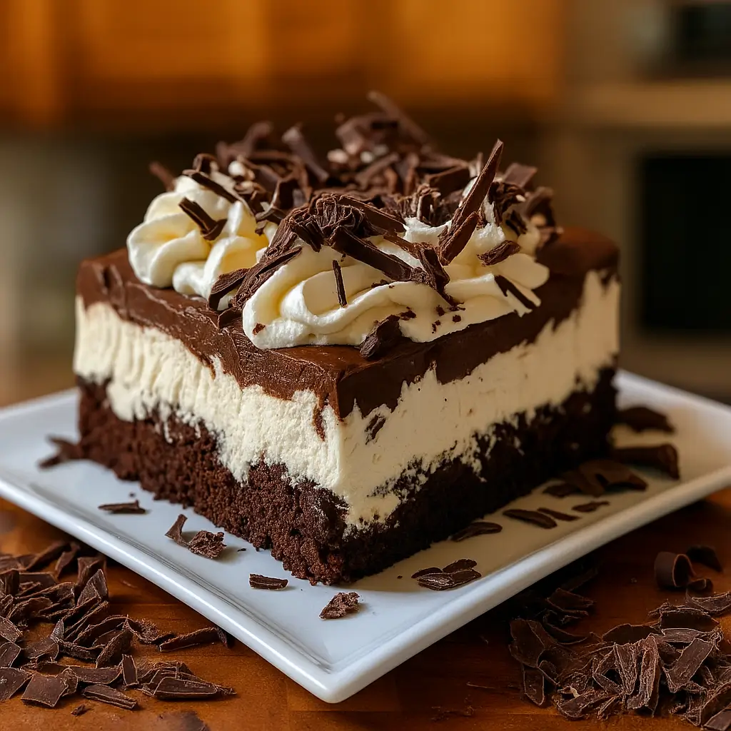 Brownie Refrigerator Cake slice with layers and chocolate garnish