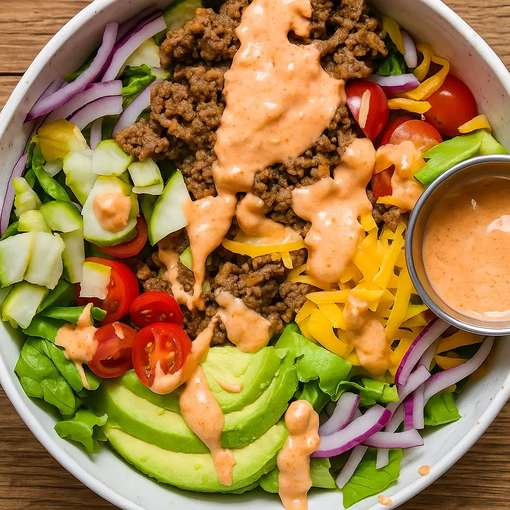 Burger Bowls with ground beef, lettuce, and toppings