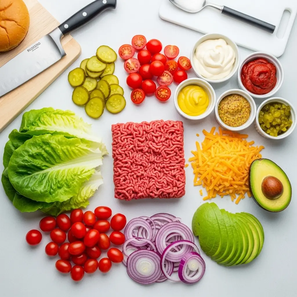 Burger Bowl ingredients laid out before cooking