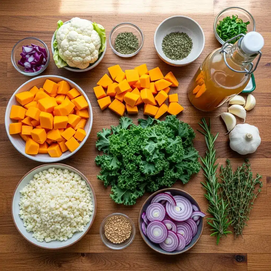 Butternut squash soup ingredients laid out on table