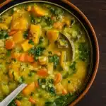 Butternut squash vegetable soup in rustic bowl
