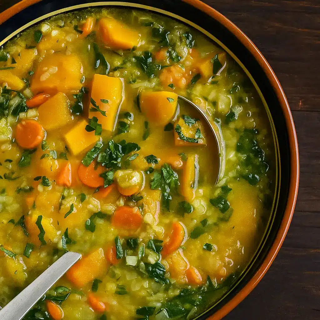 Butternut squash vegetable soup in rustic bowl
