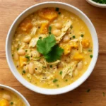 Butternut White Chicken Chili served with tortilla chips and cilantro