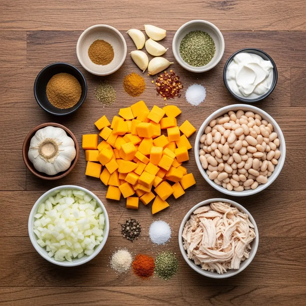 Ingredients for Butternut White Chicken Chili laid out on kitchen counter
