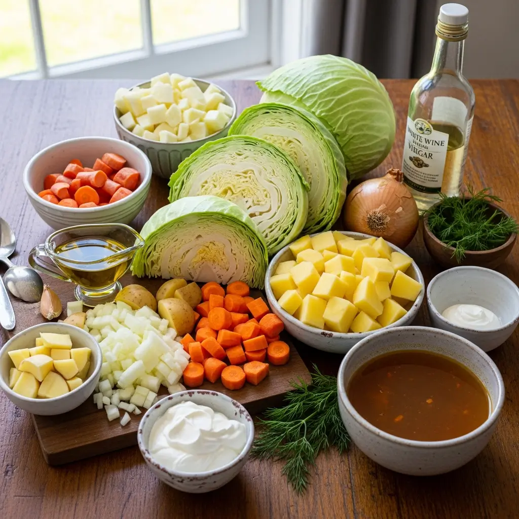 cabbage potato soup ingredients laid out on table
