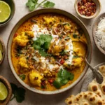 cauliflower and lentil coconut curry in bowl with lime