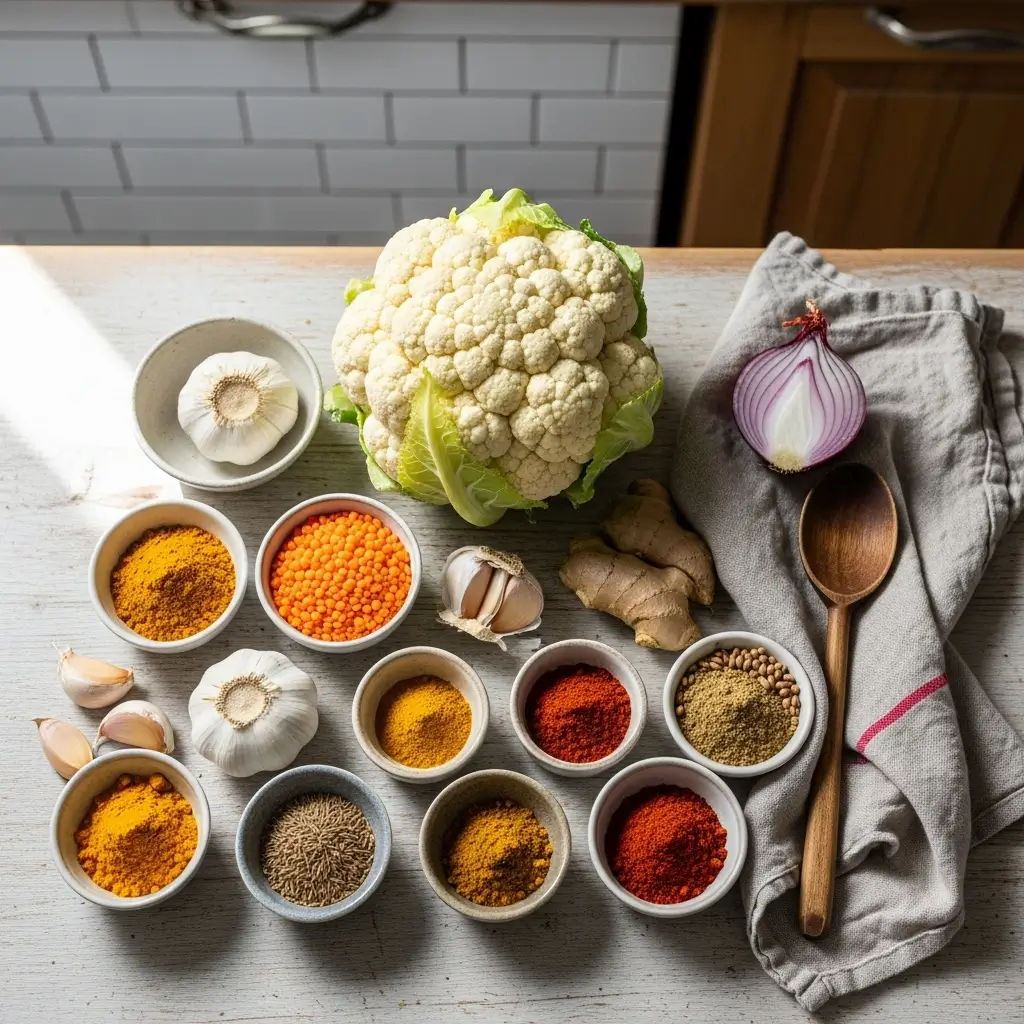 cauliflower and lentil curry ingredients on counter