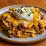 Cheddar Ranch Beef & Corn Pasta Bake in baking dish
