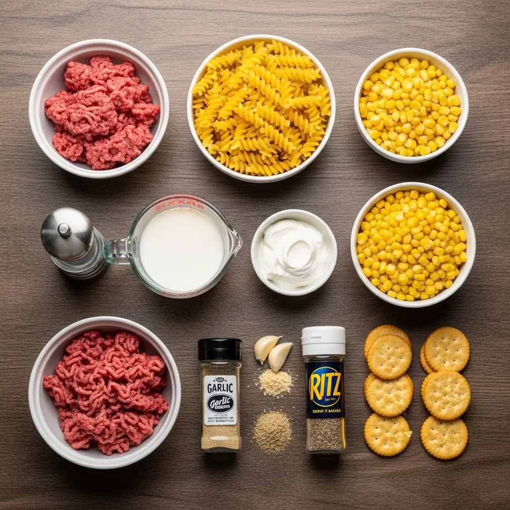 Ingredients for Cheddar Ranch Beef & Corn Pasta Bake