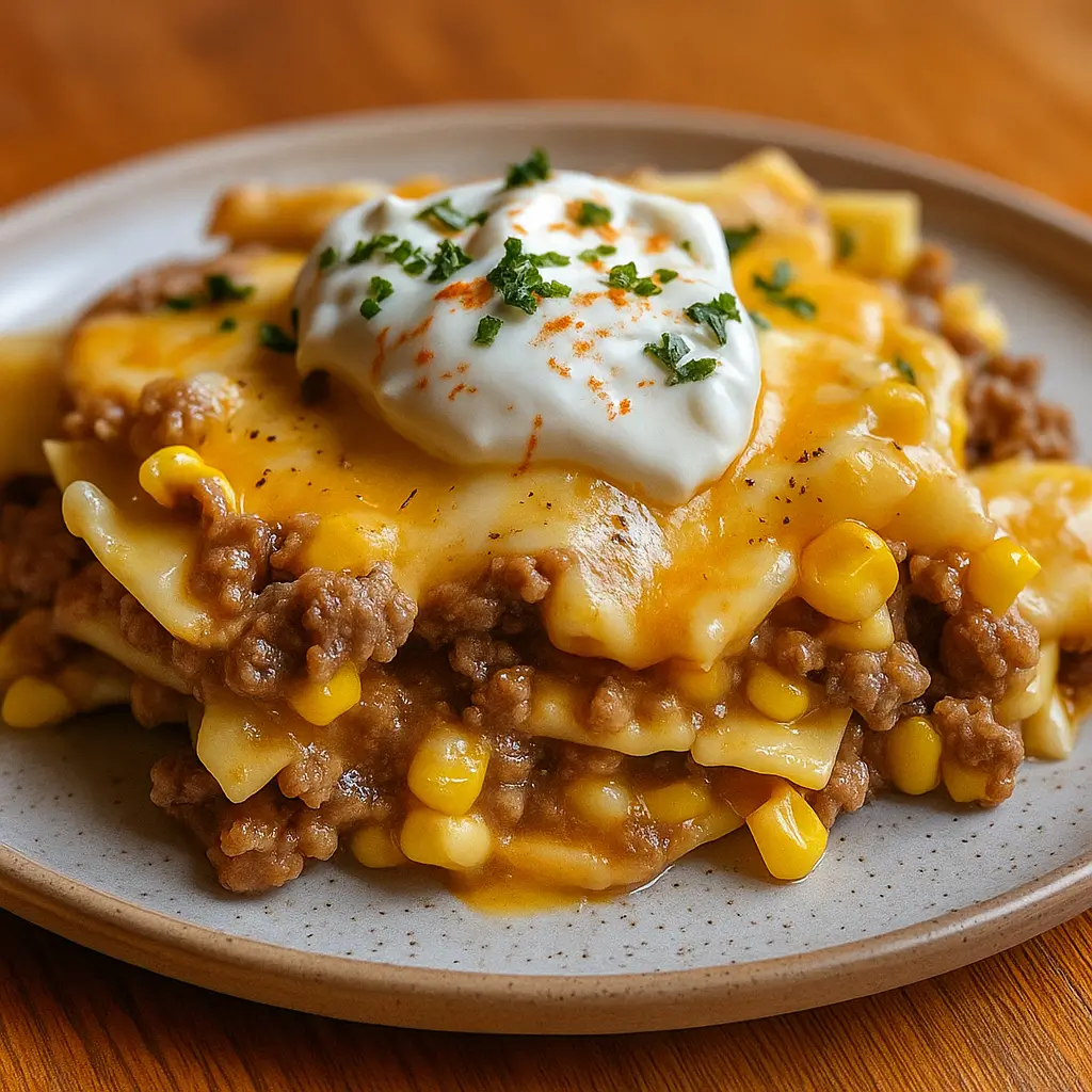 Cheddar Ranch Beef &amp; Corn Pasta Bake in baking dish