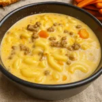 Cheeseburger Macaroni Soup in a cozy bowl