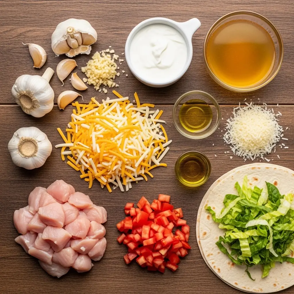 Ingredients for Ooey-Gooey Cheesy Garlic Chicken Wraps on a wooden board