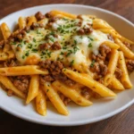 Cheesy Penne with Garlic Butter Ground Beef in skillet