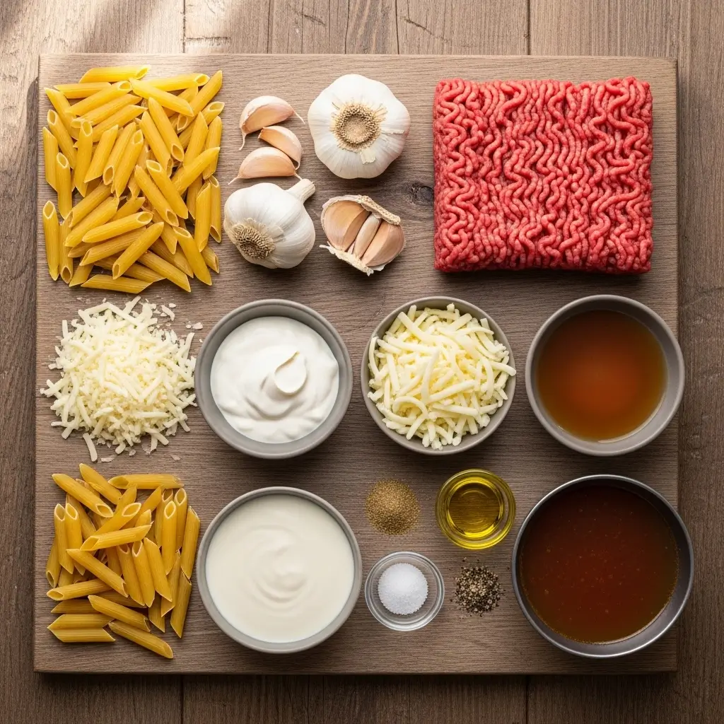 Ingredients for Cheesy Penne with Garlic Butter Ground Beef
