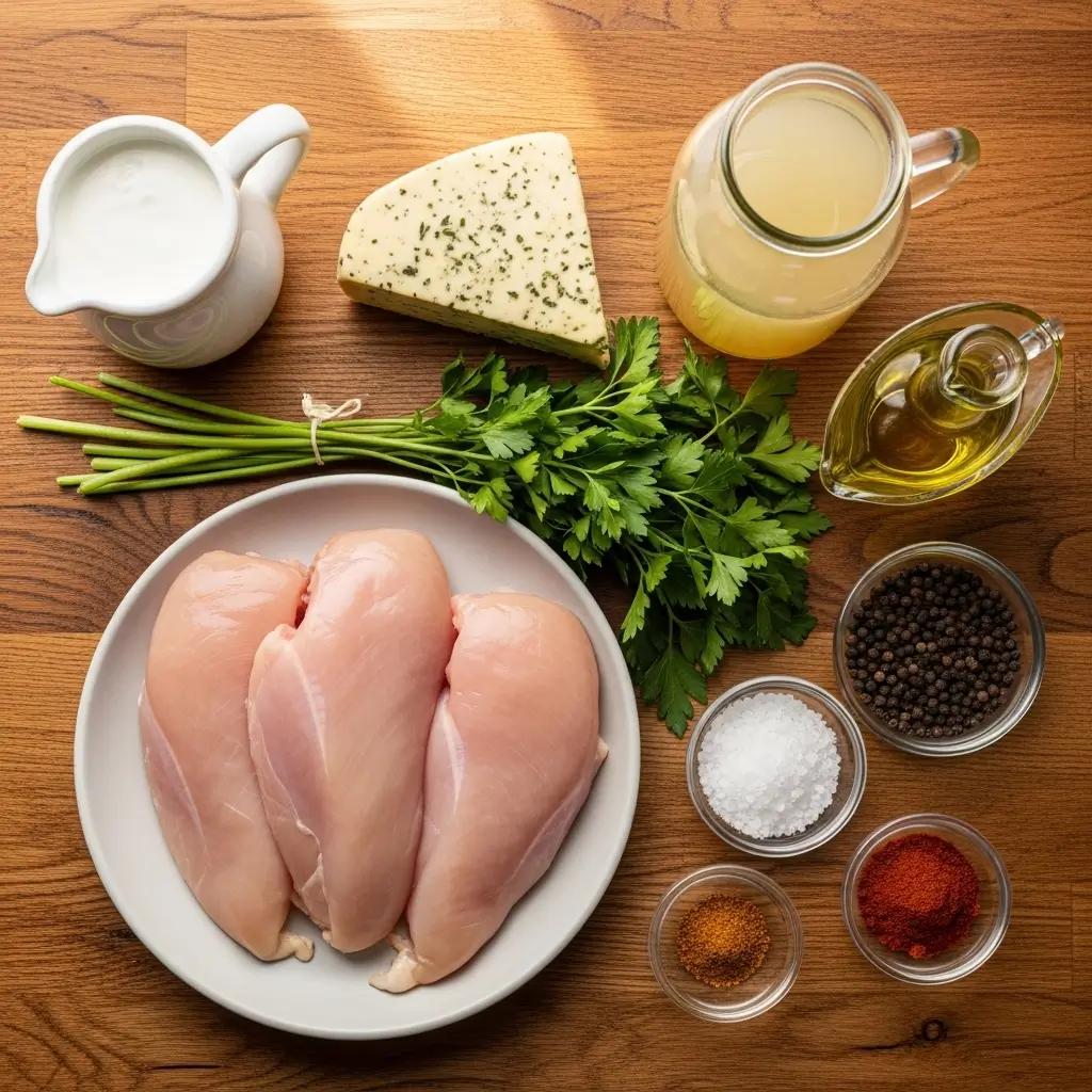 Chicken with Boursin Sauce Ingredients flat lay