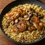 Chicken Marsala Orzo served in a rustic bowl with creamy sauce