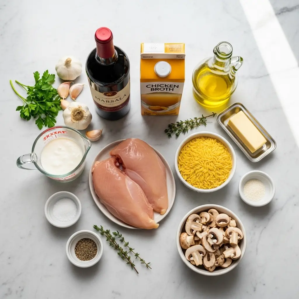 Ingredients for Chicken Marsala Orzo laid out on a counter