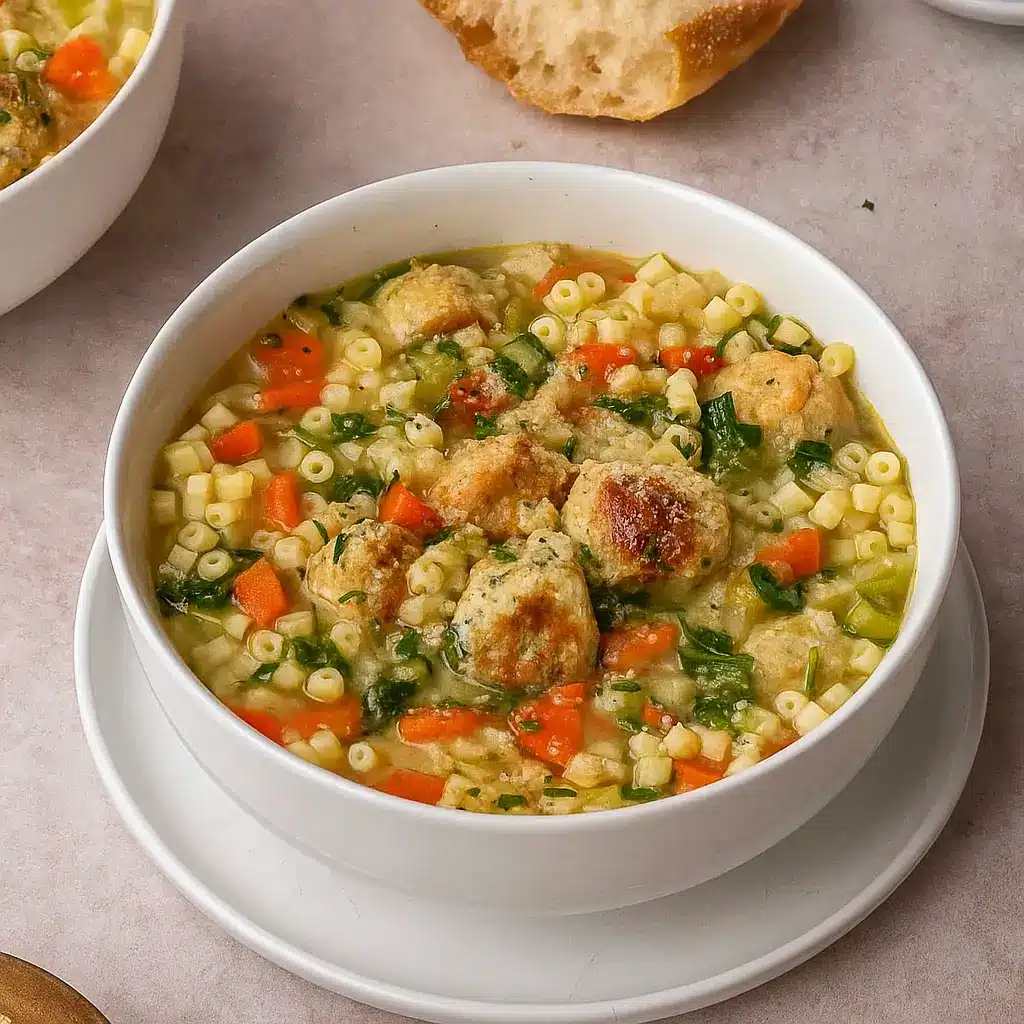 chicken meatball soup in a bowl with bread