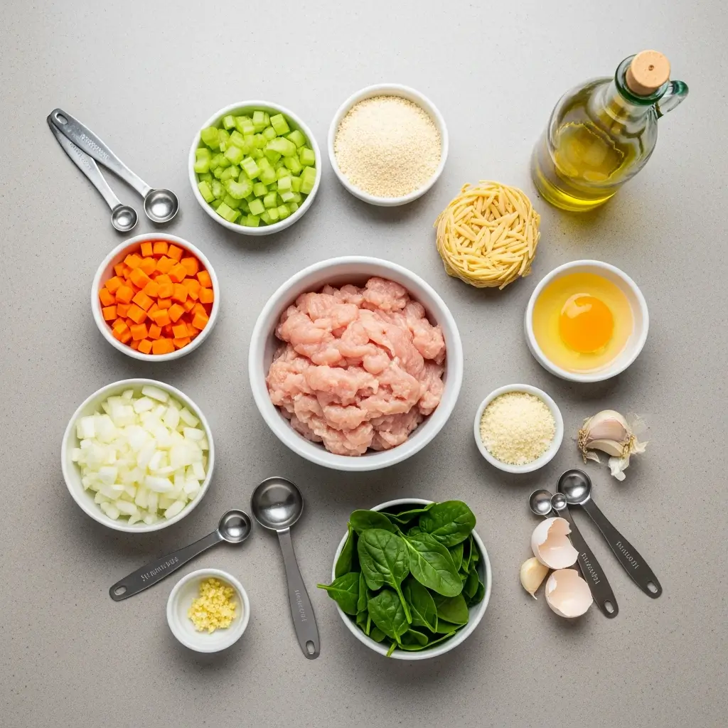 ingredients for chicken meatball soup laid out