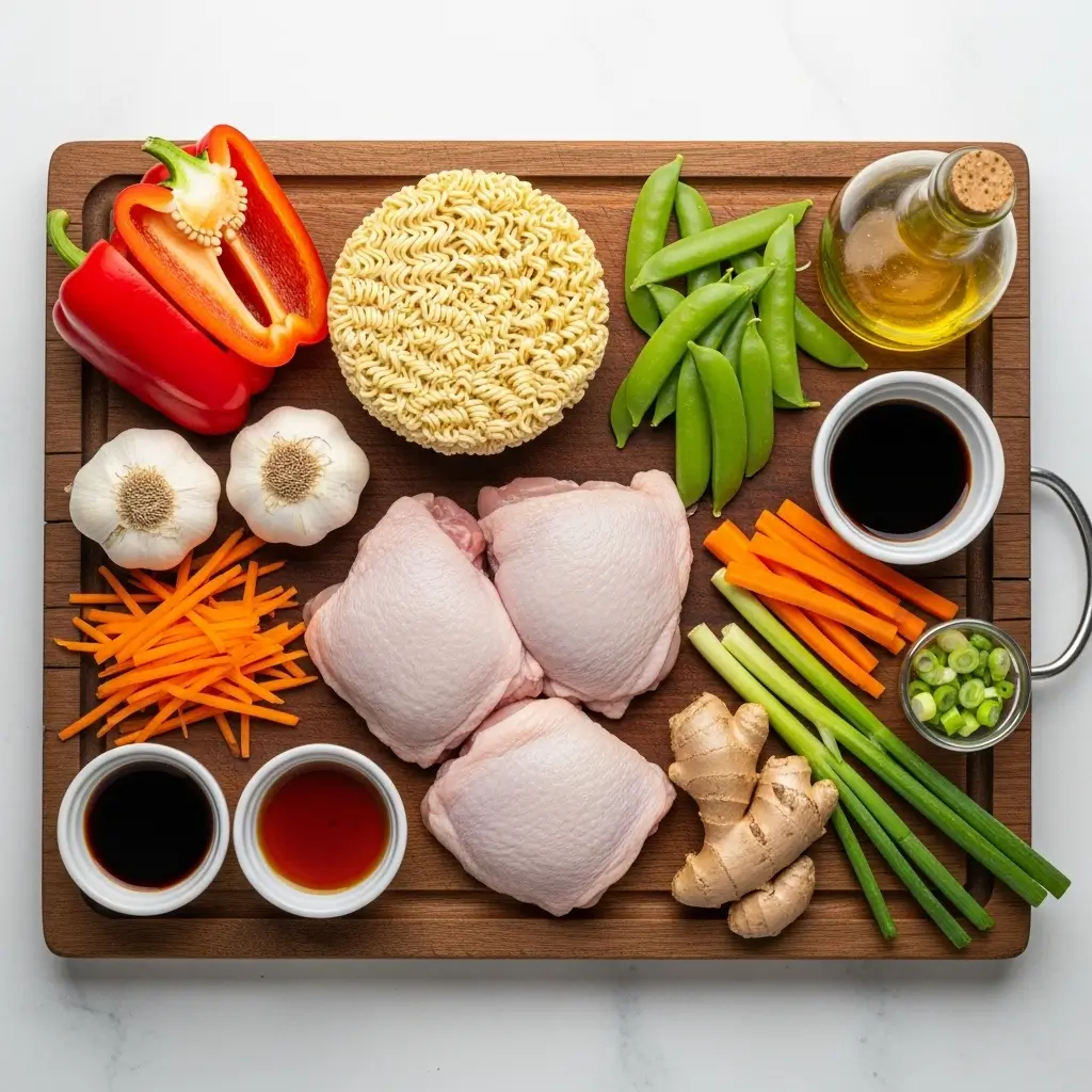 Chicken Ramen Stir Fry ingredients flat lay