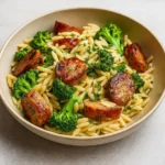Chicken Sausage and Broccoli Orzo in a rustic skillet