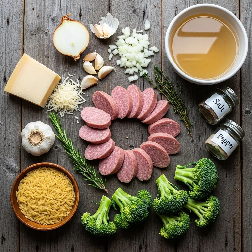 Ingredients for Chicken Sausage and Broccoli Orzo