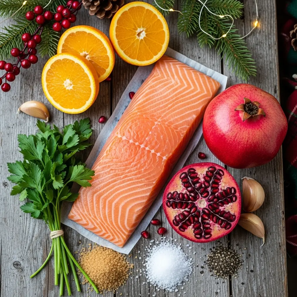Ingredients for Christmas salmon with pomegranate glaze