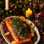 Christmas salmon with pomegranate glaze on holiday table