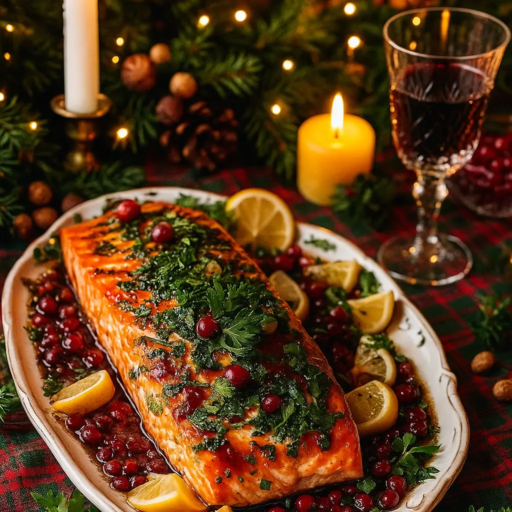 Christmas salmon with pomegranate glaze on holiday table