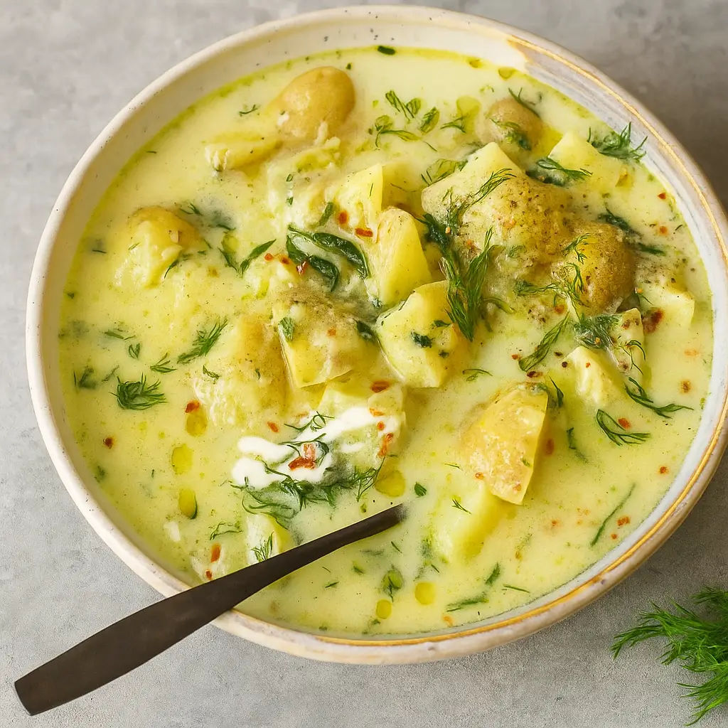 Chunky Potato Dill Soup served with fresh dill and potatoes