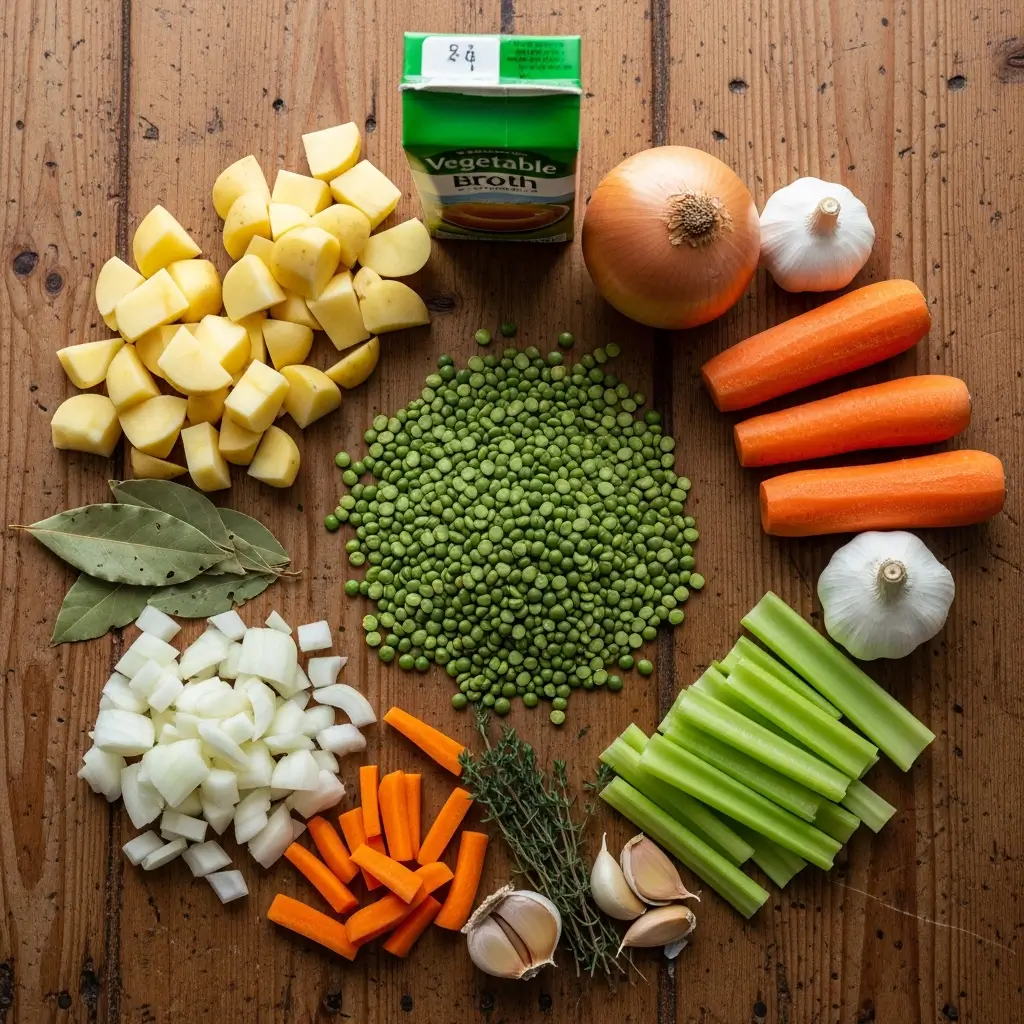 Ingredients for classic split pea soup on a wooden table
