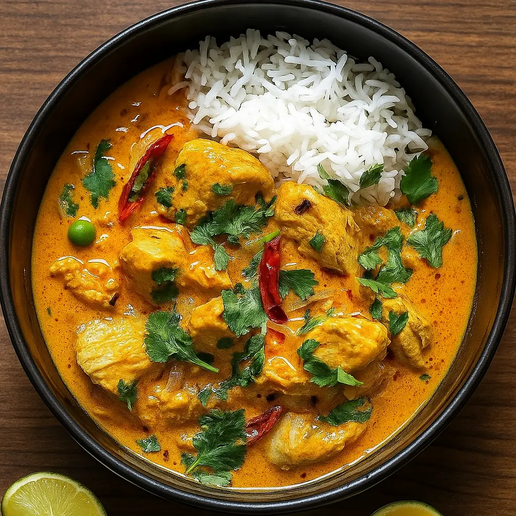 Coconut Chicken Curry served with rice and naan