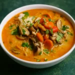 Coconut curry chicken soup with chicken, rice, and vegetables