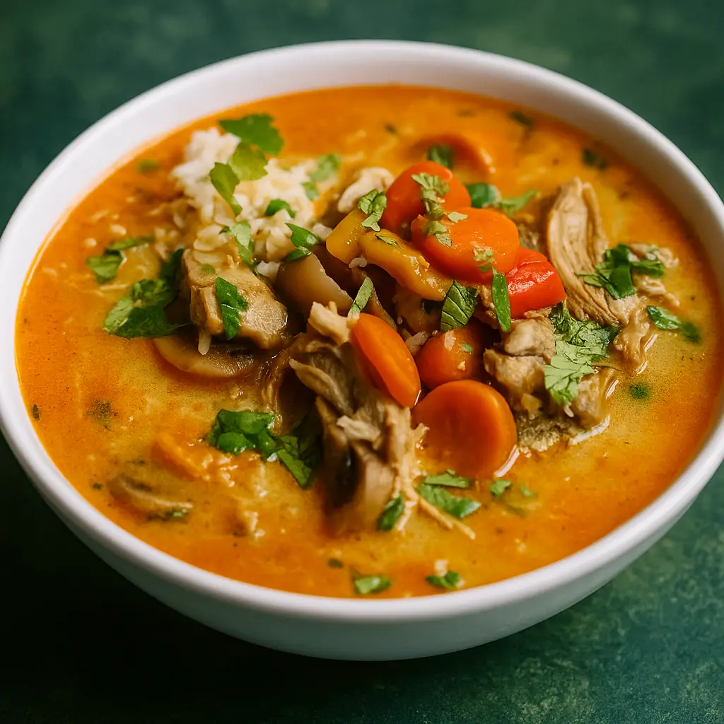 Coconut curry chicken soup with chicken, rice, and vegetables