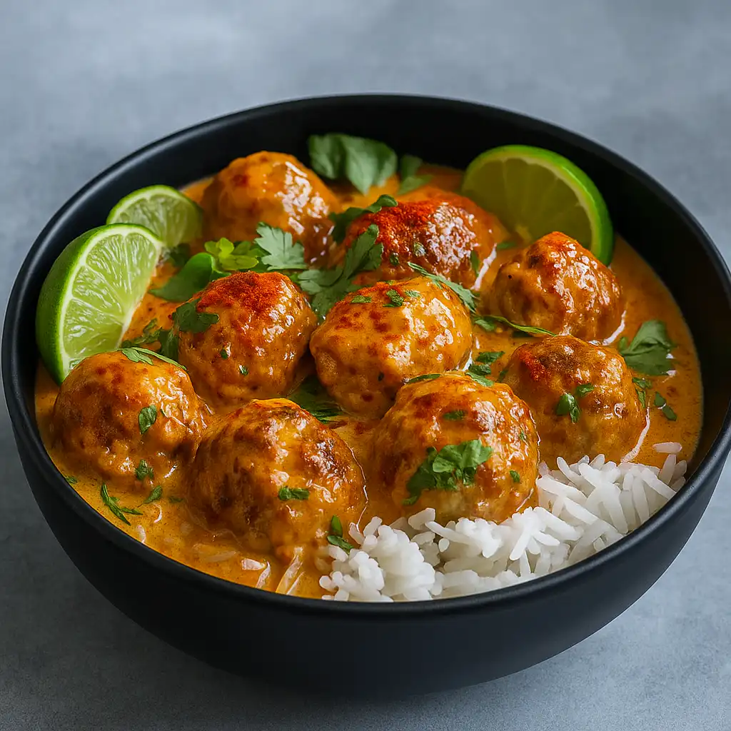 Coconut Curry Meatballs served with rice and herbs