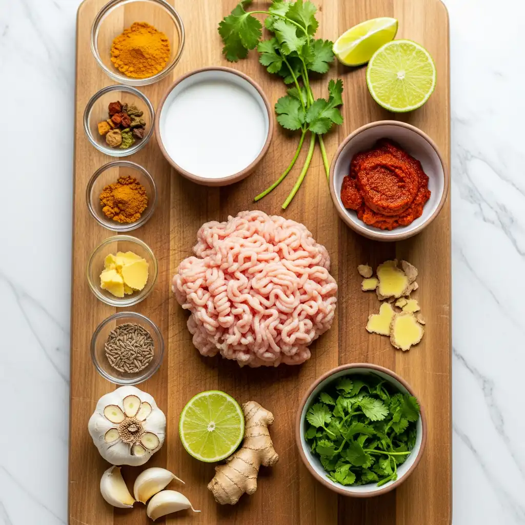 Ingredients for Coconut Curry Meatballs laid out on table