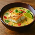 Coconut Lime Fish Soup in a bowl with lime and herbs