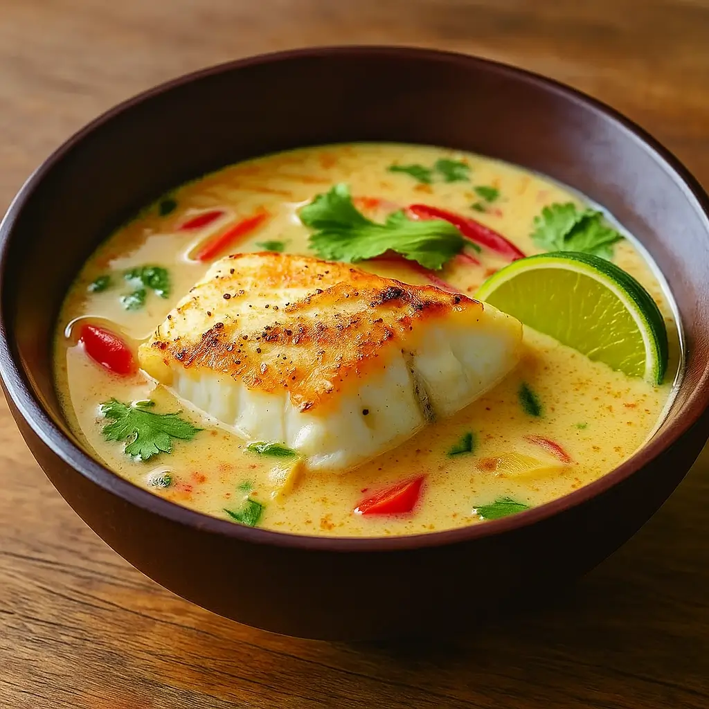 Coconut Lime Fish Soup in a bowl with lime and herbs