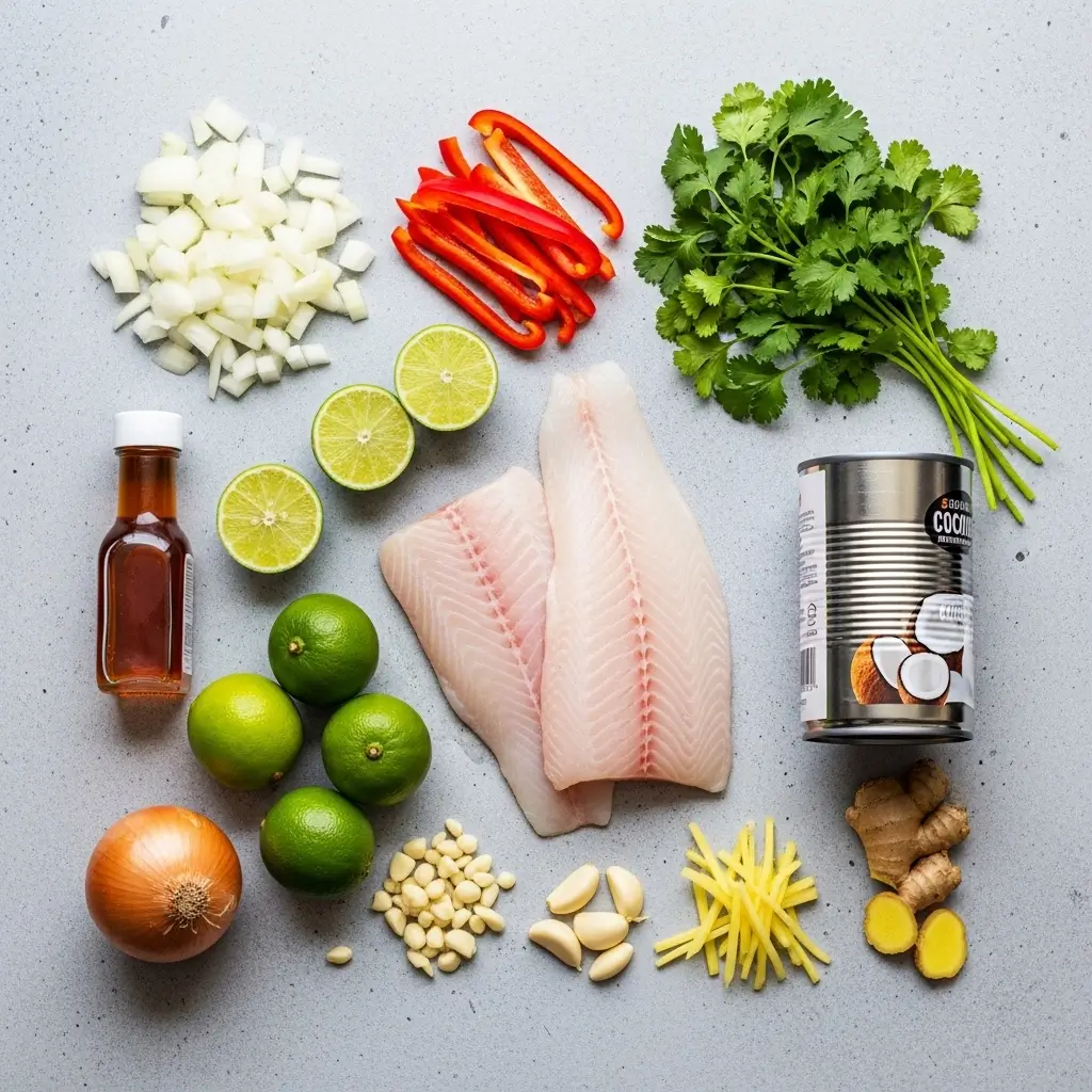 Ingredients for Coconut Lime Fish Soup on counter