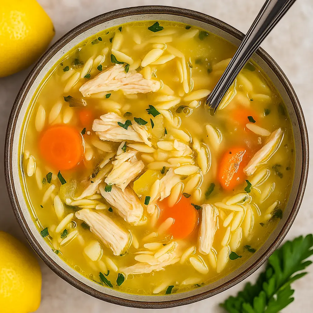Cozy Chicken Lemon Orzo Soup in a bowl on rustic table