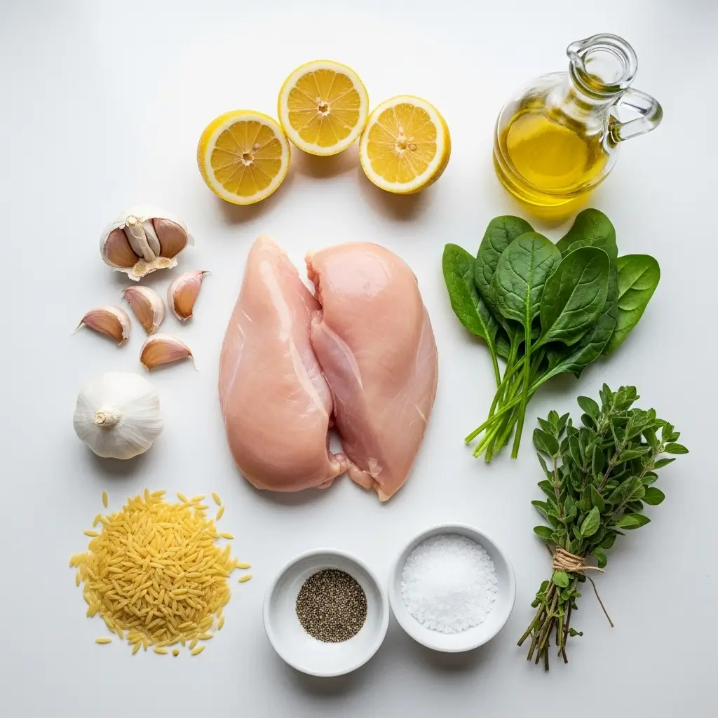 : Ingredients for Cozy Chicken Lemon Orzo Soup laid out on kitchen counter