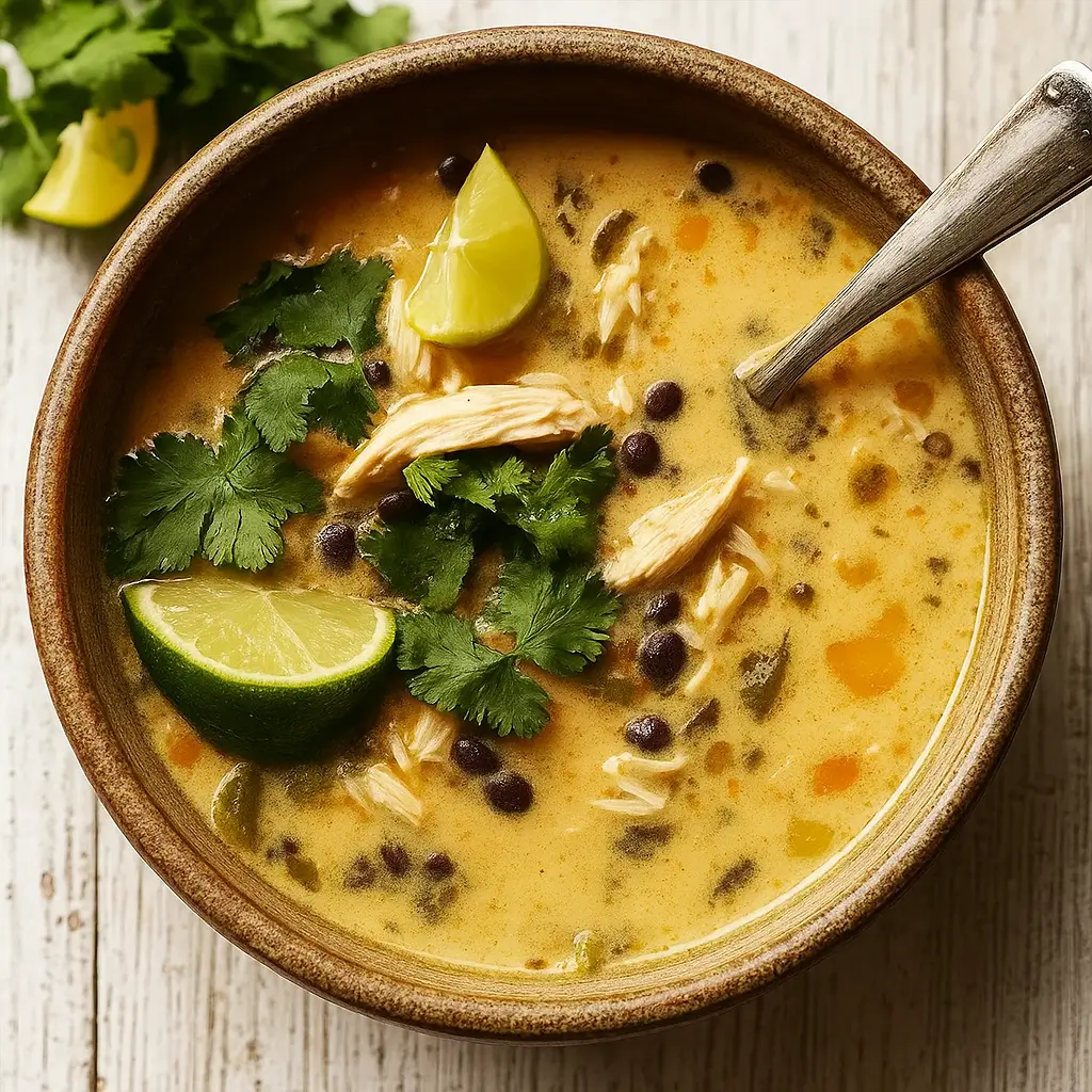 Cozy Chicken Poblano Soup served hot with fresh cilantro and lime