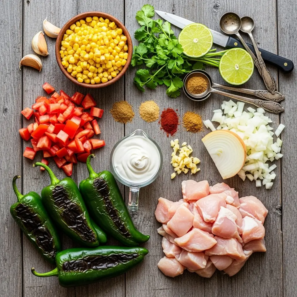 Ingredients laid out for Cozy Chicken Poblano Soup recipe