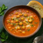 Cozy Chickpea Tomato Soup with bread on rustic table