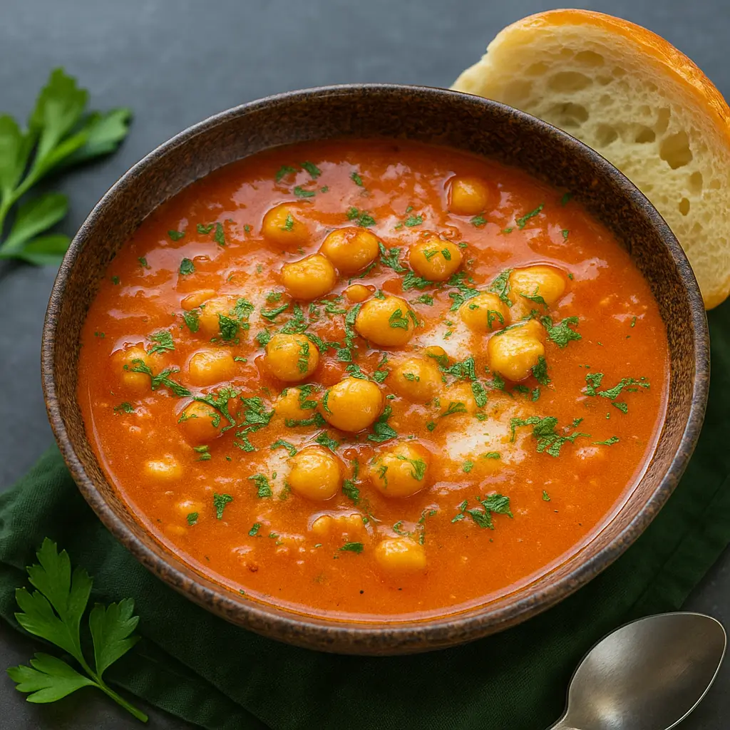 Cozy Chickpea Tomato Soup with bread on rustic table