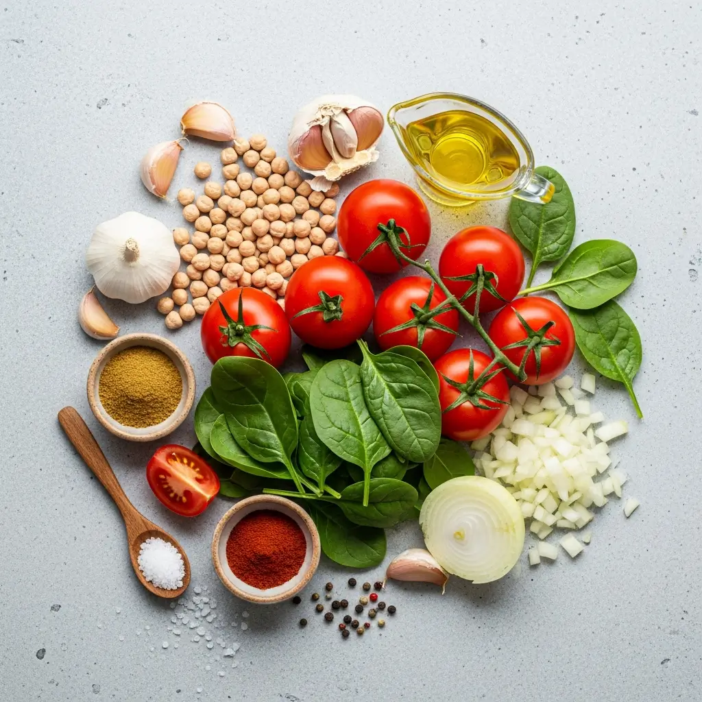 Ingredients for Cozy Chickpea Tomato Soup arranged flat lay style