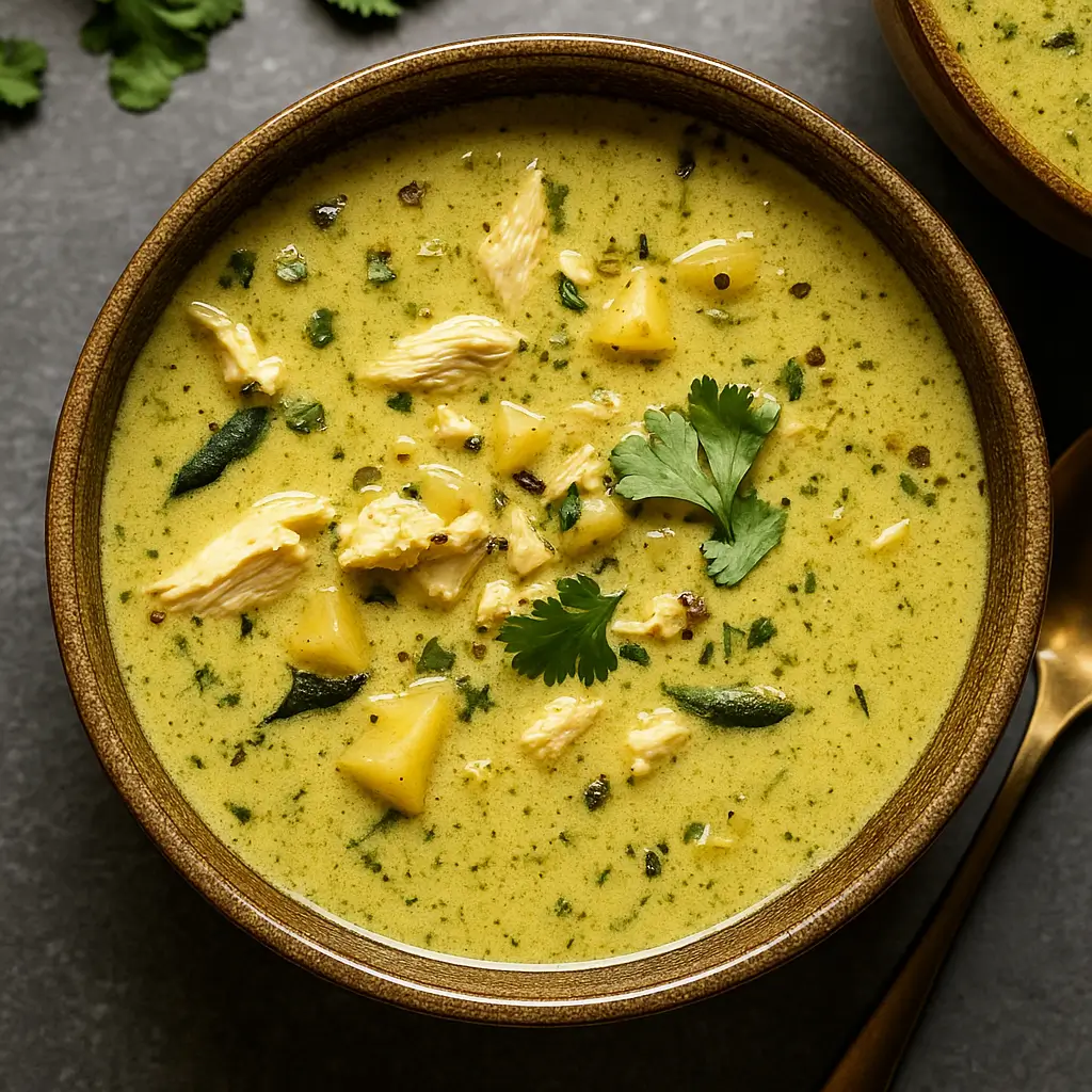 Cozy Roasted Poblano Soup in a rustic bowl with toppings