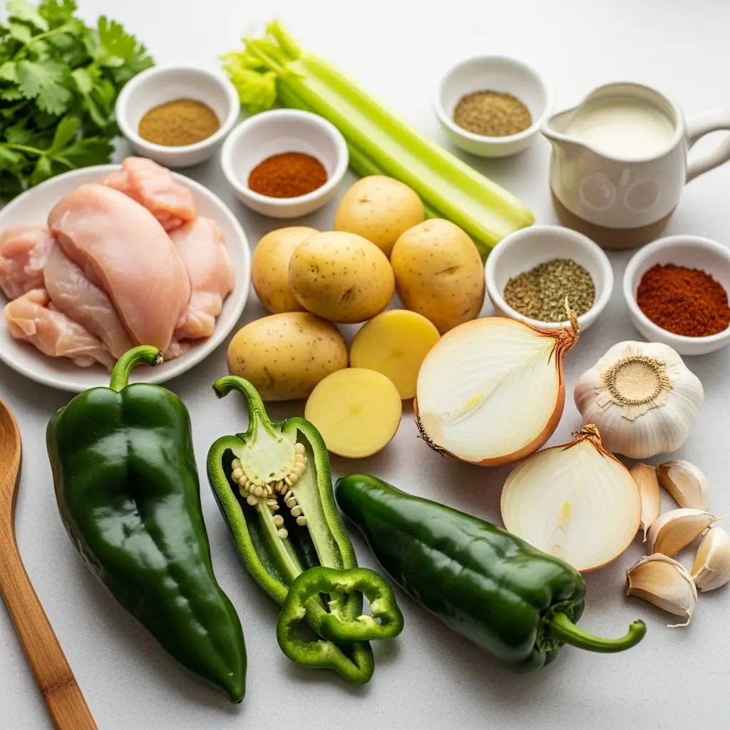 Ingredients for Cozy Roasted Poblano Soup on kitchen counter