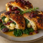 Cranberry and Spinach Stuffed Chicken with Brie served on plate