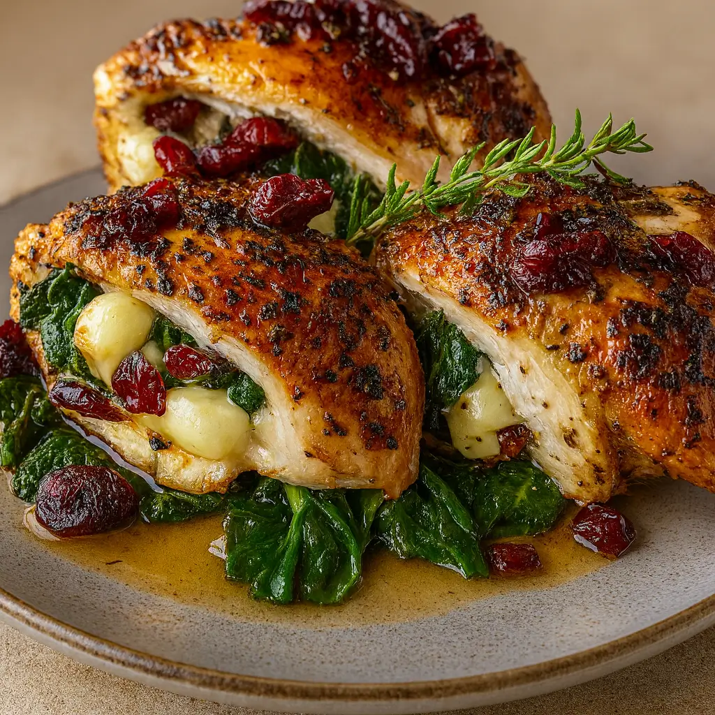 Cranberry and Spinach Stuffed Chicken with Brie served on plate
